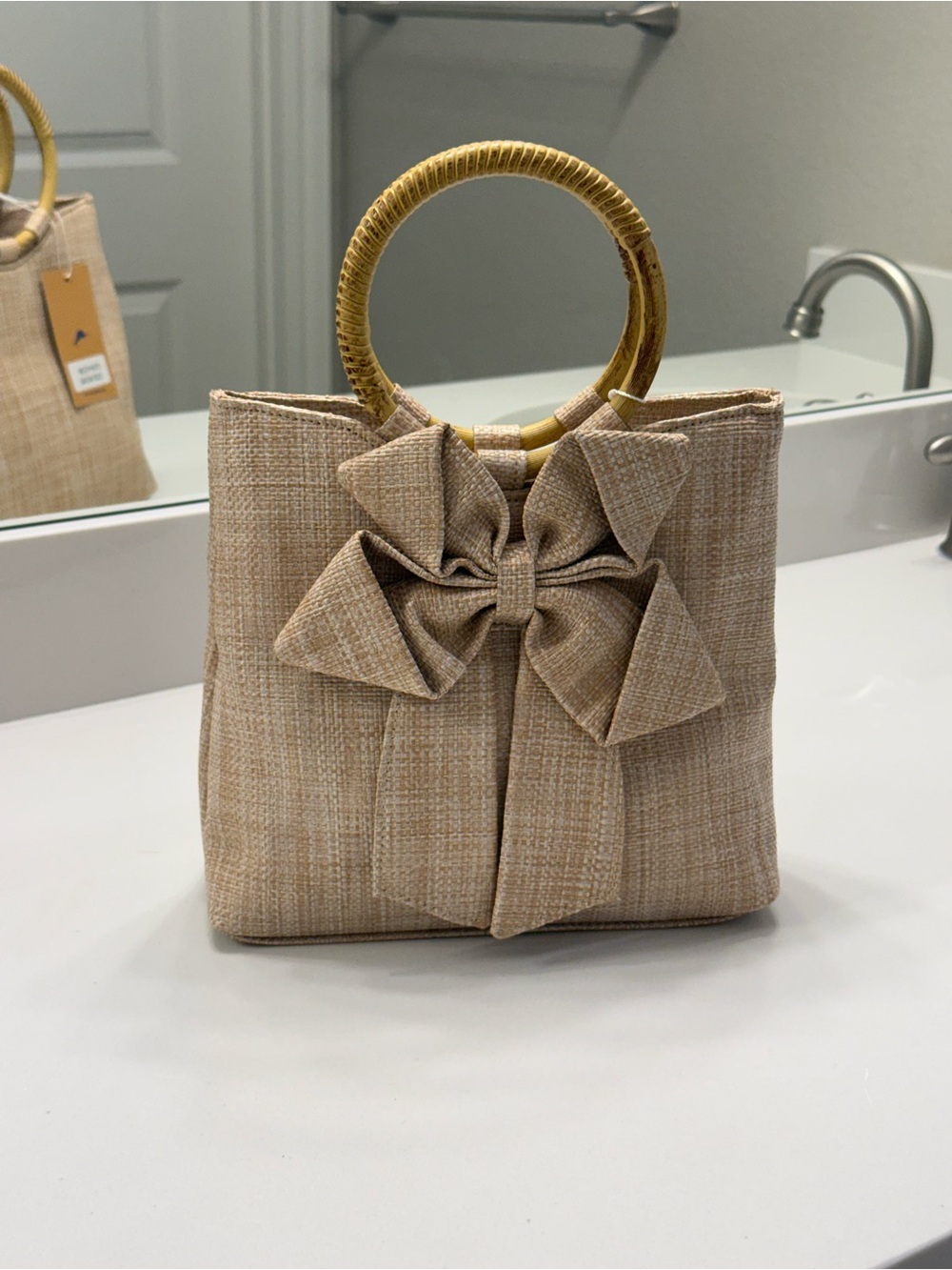 Tommy Bahama Beige Mini Tote with Bow and Bamboo Handles - Picture 4 of 12